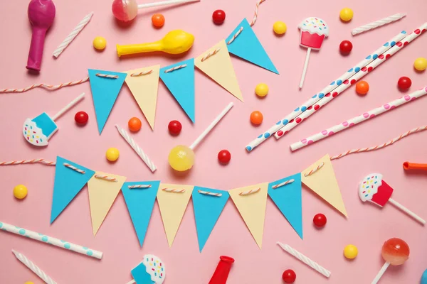 Decoração Aniversário Feliz Mínimo Para Festa Doces Doces Balões Palha — Fotografia de Stock