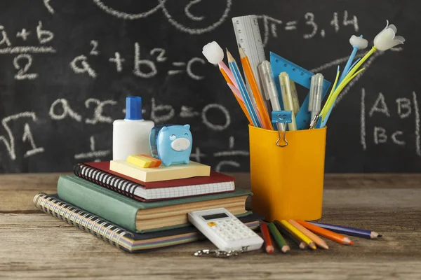 School Supplies Wooden Desk Back Education — Stockfoto