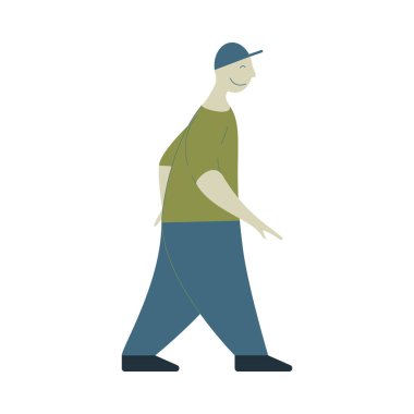 Genç adam öylesine yürüyor ve gülümsemesi ve mutluluğu olan bir şapka giyiyor.