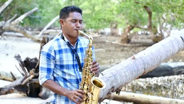 Jovem Asiático Homem Jogar Saxofone Tropical Ilha — Vídeo de Stock