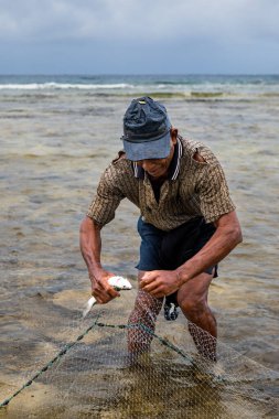 Endonezya - 3 Haziran 2024: Bir balıkçı ağını atıyor