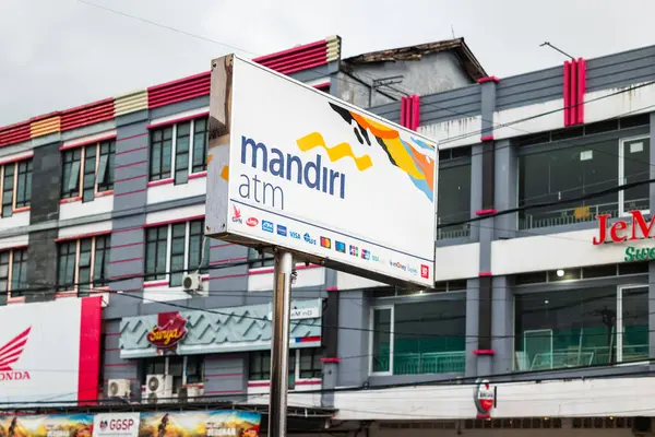 stock image Indonesia - June 8, 2024: Bank Mandiri billboard. Bank Mandiri is one of the largest banks in Indonesia