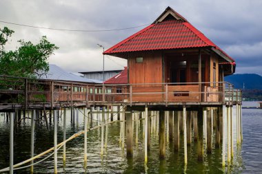 Endonezya, Ambon 'da bir mangrov ormanının kıyısında yüzen konaklama