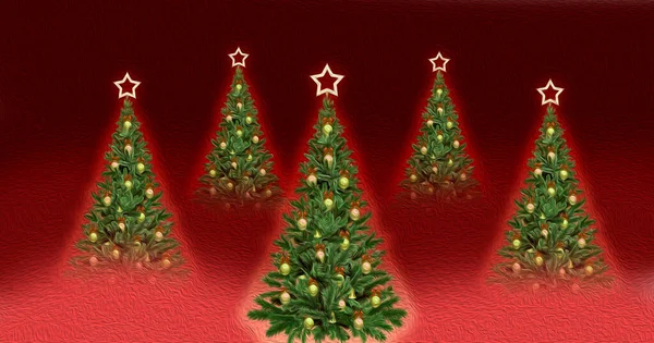 Fundo Vermelho Com Árvores Natal Pintadas — Fotografia de Stock