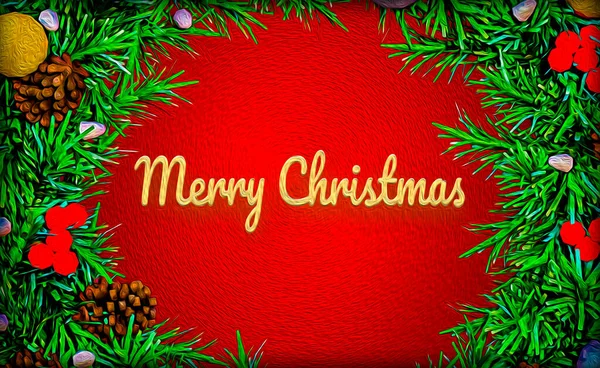 Рождественское Поздравление Красном Фоне Рождественскими Украшениями Раскрашенными Маслом — стоковое фото