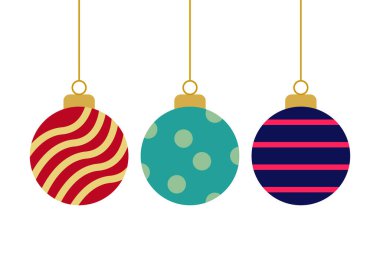 Üç Noel topu kırmızı, altın, yeşil ve mor.