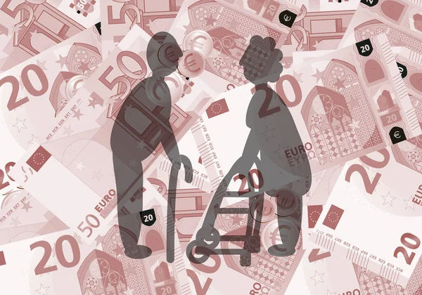 Emekliler, emekliler ve emekliler. Emeklilik. Kadın ve erkek emeklinin silueti somon tonunda 20 ve 50 Euro 'luk banknotlar halinde arka planda