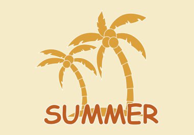 Sıcak yaz renklerine sahip palmiye ağacı ve ada arka planı.