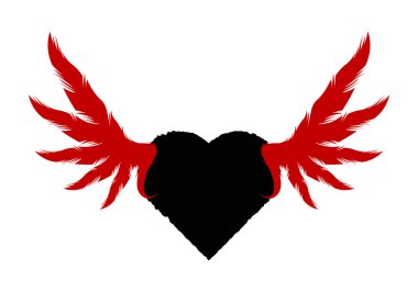 Beyaz arka planda kırmızı kanatlı siyah kalp.