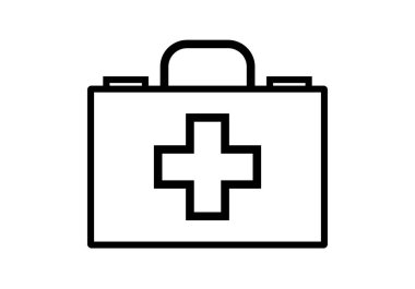 Beyaz arkaplanda siyah ilk yardım çantası simgesi.