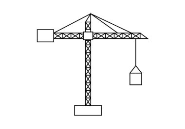 Beyaz arkaplanda bir inşaat vincinin siyah simgesi.