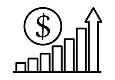 Artan çubuk grafiğinin siyah simgesi ve dolar parasıyla bitiş oku.