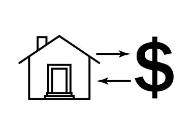 Yatırım, alım ve satımı temsil eden oklarla ayrılmış ev ve dolar simgesi.