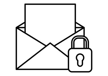E- postalarında siber güvenlik için asma kilitli açık posta zarfının siyah simgesi