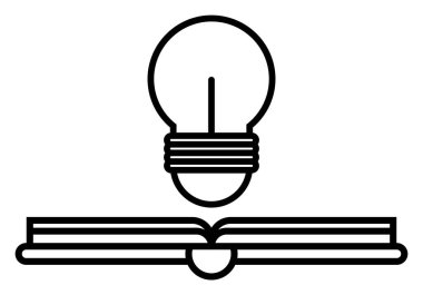 Yaratıcılığı ve girişimciliği temsil eden açık ampullü açık kitabın siyah simgesi