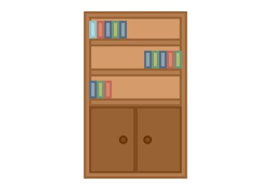 Kitap rafları ve kitaplarla dolu ahşap dolap.