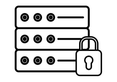 Bir sunucu ve asma kilit tarafından temsil edilen internet sunucularındaki siyah güvenlik simgesi