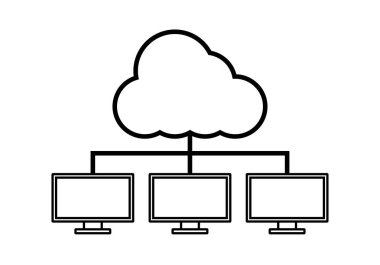 Bulutta birbirine bağlı ekipmanların siyah simgesi
