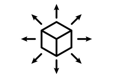 Ademi merkeziyet için oklarla çevrili siyah blok küp simgesi