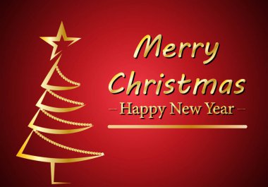 Noel ve Yeni Yıl tebrik kartı. Kırmızı arkaplanda kurdeleler olan altın Noel ağacı.
