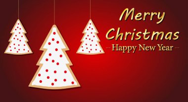 Kırmızı Noel 'i beyaz ve kırmızı Noel ağacıyla karşılıyoruz. Noel süsü ile altın mutlu Noeller.