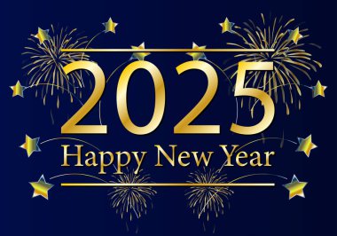 Koyu mavi Noel karşılaması ile altın 2025 Yeni Yıl havai fişekleri