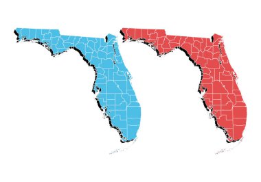 Beyaz arkaplanda Florida 'nın kırmızı ve mavi haritası