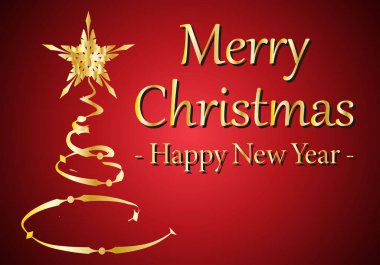 Kırmızı arka planda altın Noel ağacı olan Altın Noel ve Yeni Yıl tebrik kartı