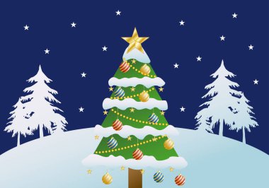 Noel ağacı, yıldız, Noel balosu ve çelenklerle karlı bir Noel manzarası.