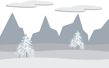 Çam ağaçları ve dağlarla kaplı karlı bir arazi.