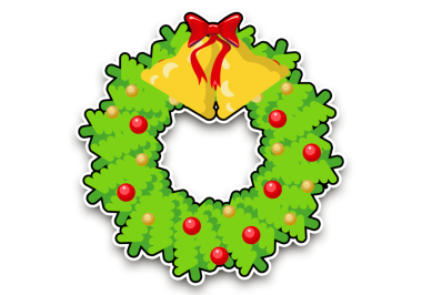 Yuvarlak çelenk etiketi Noel topları, altın çanlar ve kırmızı fiyonk