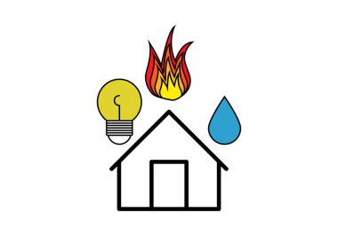 Elektrik, gaz ve suyun ev giderlerini temsil eden ampul, yangın ve suya sahip siyah ev simgesi