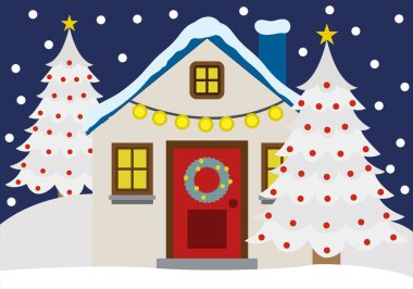 Noel süsleri, çelenkler, Noel ağacı ve karlı bir ev.