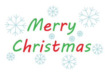Yeşil, kırmızı harfli ve kar taneli Noel tebrik kartı.