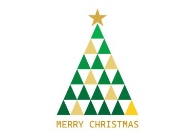 İçinde yeşil ve sarı üçgenli yıldızlı Noel ağacı olan Noel tebrik kartı.