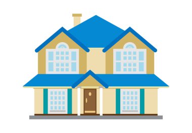 Sarı duvarları ve mavi çatısı olan büyük ve zarif bir ev.