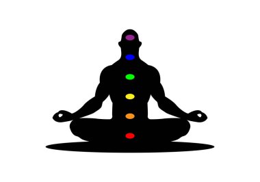 Vücudunda çakralar olan yoga pozisyonundaki bir insanın silueti.