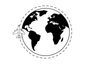 Icono negro de planeta tierra con avin viaddo al readdor del mundo