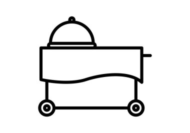 Tekerlekleri ve yemek tepsisi olan bir otelin siyah ikonu.