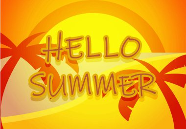 Gün batımında plajı ve palmiye ağacı silueti olan yaz posteri.