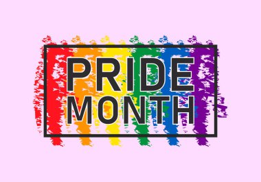 LGBTQ + gururlu pembe arkaplanda fırça darbesi bayrağıyla gurur ayı posteri.