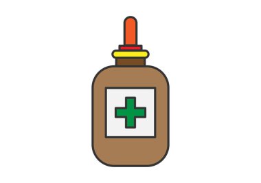 Beyaz arka planda yeşil haçlı ilaç şişesi.