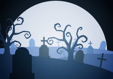 Geceleri ürkütücü ağaçlarla dolu mezarlık manzarası