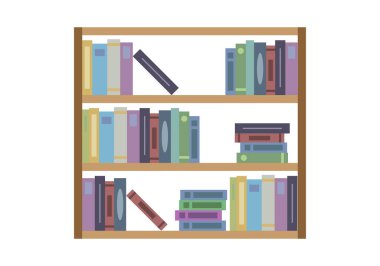 Beyaz arkaplan üzerine kitapları olan tahta bir kitaplık.