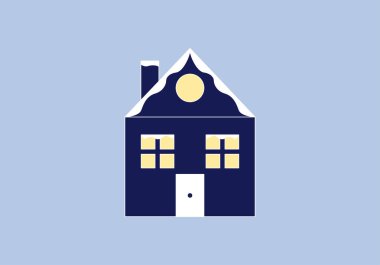 Mavi arka planda karlı kışlık ev