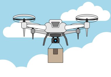 İHA gökyüzünde paket kutusu taşıyor.