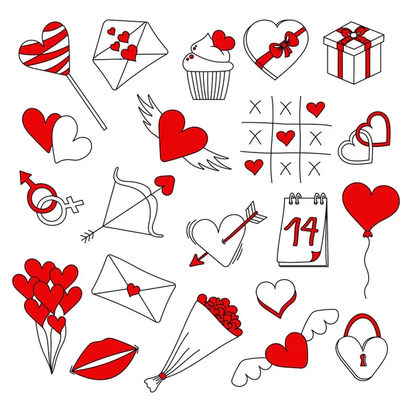 Red Branco Valentines Adesivos Para Dia Dos Namorados Conjunto Desenhado — Vetor de Stock
