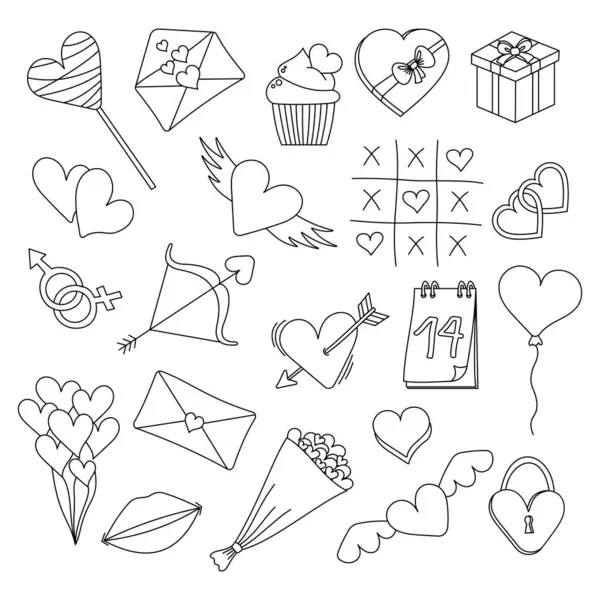 Zwart Wit Valentijnsdag Stickers Met Hand Getrokken Set Valentijnskaarten Vectorillustratie — Stockvector