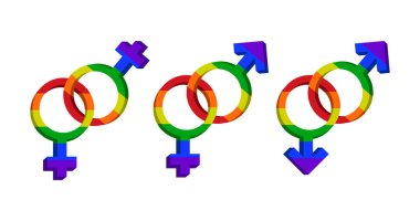 LGBT cinsiyet işareti. Gökkuşağı renkli elementler. Gurur topluluğu. Kadın ve erkek. Vektör illüstrasyonu.