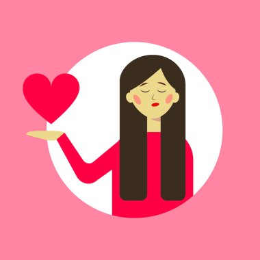 Siyah saçlı bir kız kalbini elinde tutar. Düz vektör illüstrasyonu.